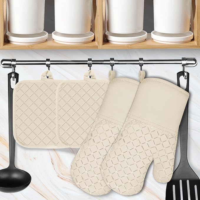 4PCS Oven Mitts and Pot Holders Sets 500°F Pot Holders for Kitchen Heat Resistant Oven Gloves Anti-Slip Silicone Stripe Oven Mitts Heat Resistant Hot Pads Oven Mits Potholders for Kitchens (Khaki)