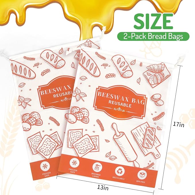 2-Pack Beeswax Bread Bags for Homemade Bread, Orange Reusable Sourdough Storage Bags with Premium Beeswax Coating for Loafs Baguette Fresh Keeping,Great Homesteading Essentials and Baking Gifts.