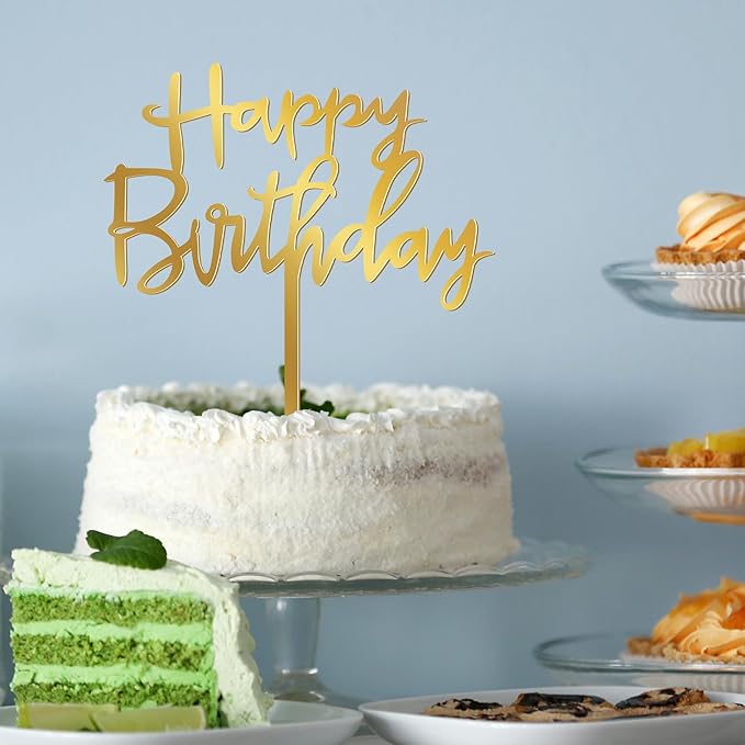 1PCS Gold Happy Birthday Cake Topper, 4.7 x 5.5 Inches Birthday Cake Decorations, Glitter Mirror Acrylic Cake Topper for Birthdays, Anniversaries, or Milestone Celebrations