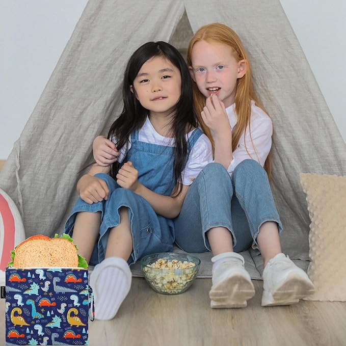 Reusable Sandwich Bag/Snack Bag for Kids & Adults, Dual Layer Lunch Bag with Handle, Cosmetic Bag Makeup Travel Bag for Women Girls, Washable, Food Safe, BPA Free (1-Pack, Dinosaur)