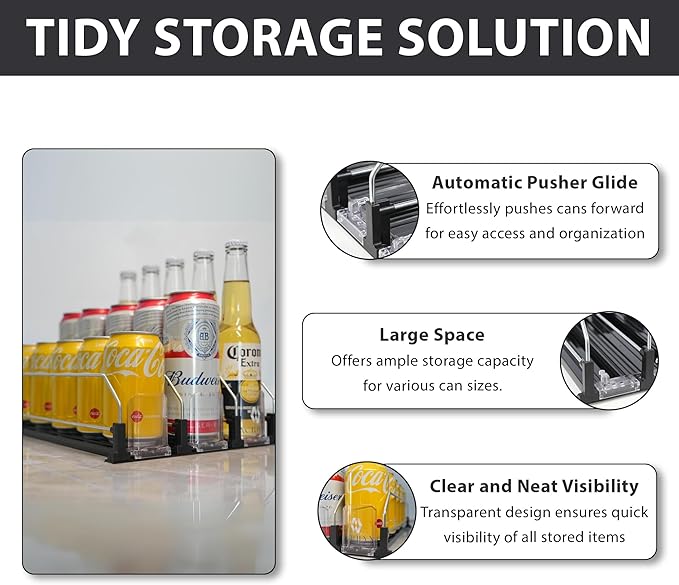 Upgraded Drink Organizer for Fridge – Adjustable Width Soda Can Organizer with Automatic Glide, Space-Saving Refrigerator Can Dispenser Holds Up to 25 Cans – Drink Holder for Fridge (3 Rows, Black)