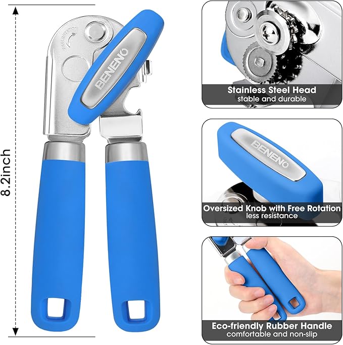 Beneno Can Opener Manual with Magnet, Hand Held Heavy Duty Can Opener with Durable Sharp Blade Smooth Edge, Big Effort-Saving Knob, Soft Grip Rubber Handle, Multifunctional Bottle Opener, Klein Blue
