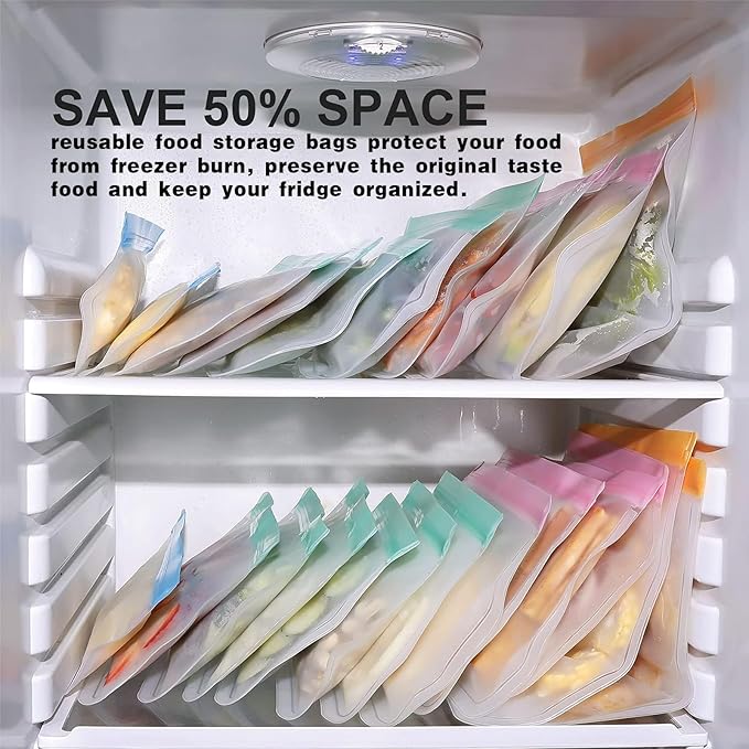 12 Pack Reusable Food Storage Bags Dishwasher Safe, Silicone Extra Thick Leak-proof Reusable Freezer Bags for Candy, Snack, Cereal, Travel Items, Home Organization