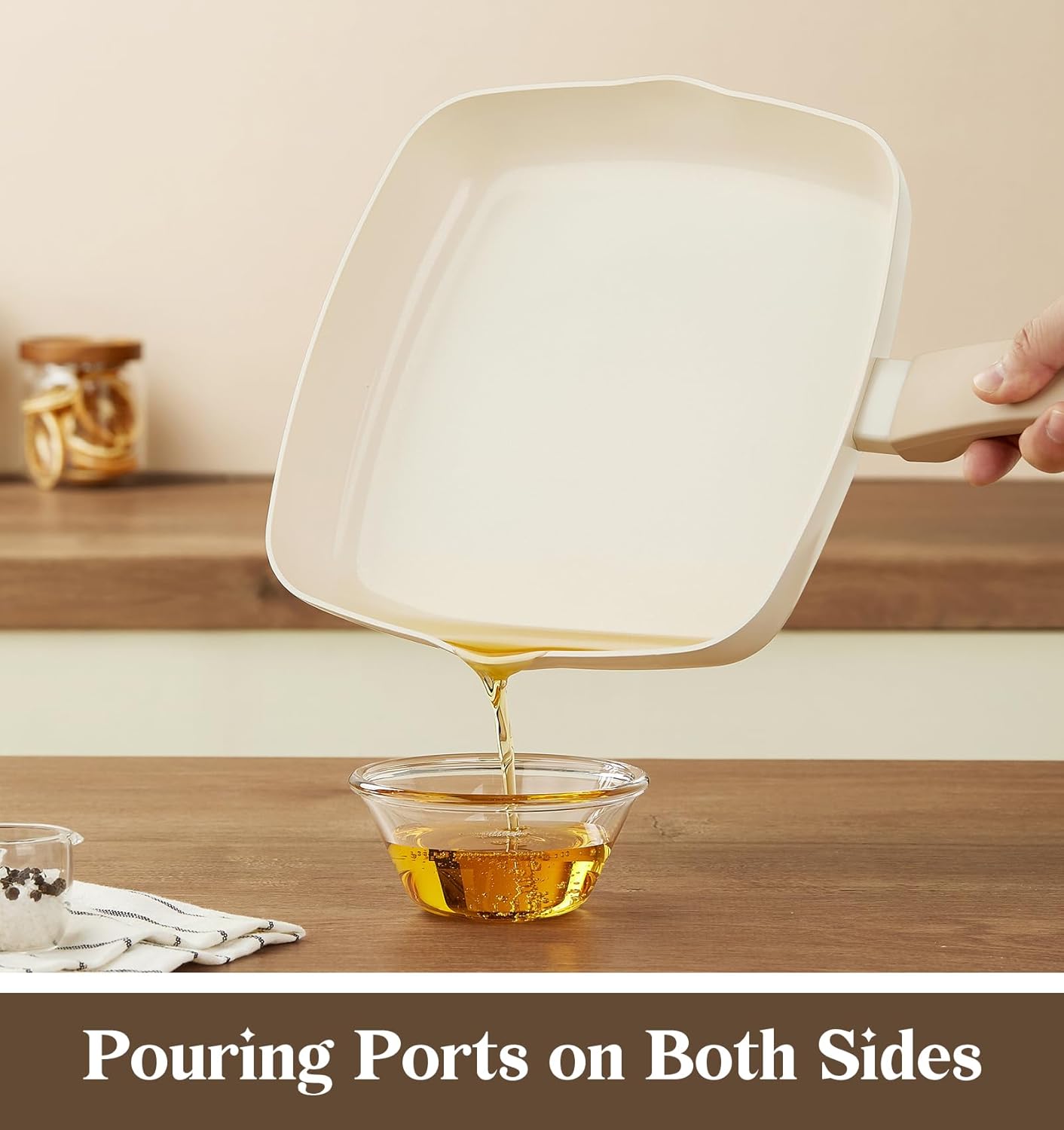 KOCH SYSTEME CS Nonstick Grill Pan for Indoor Cooking, 9.5 Inch Ceramic Square Frying Pan with Lid, Versatile Nonstick Griddle Pan for Stove Tops, Induction Compatible, Toxic-Free, Cream White