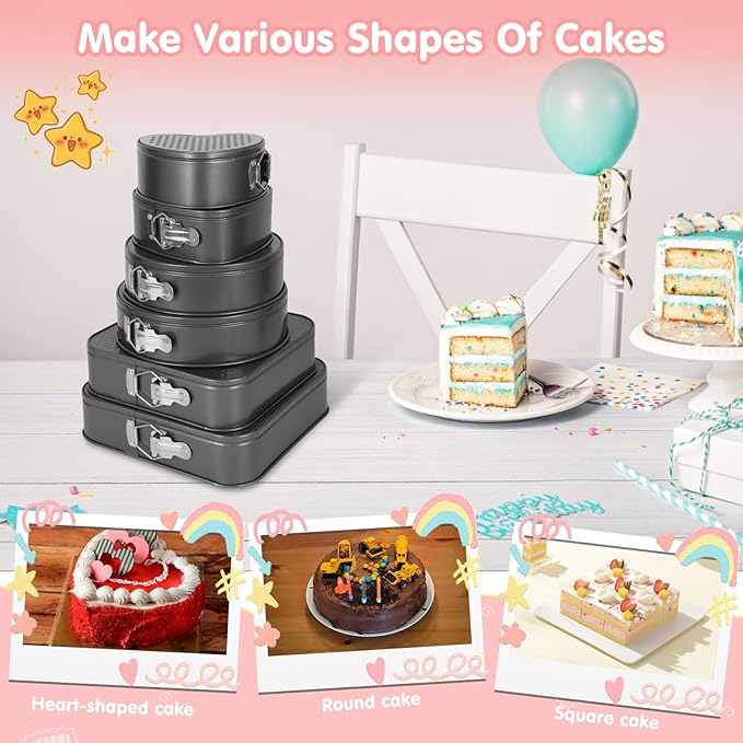 6Pcs Springform Cake Pan Set Of 7 7.8 8.6 9 10 11inch Moldes Para Pasteles Non-Stick Spring Pans Heart Cake Pan Round Nonstick Cheesecake Pans Square Spring Form Pan For Cheesecake Pizza Quiches