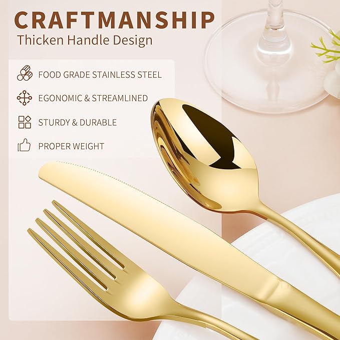 20-Pieces 18/10 Stainless Steel Silverware Set, Gold Stainless Steel Flatware for 4, Heavy Duty Silverware, Dishwasher Safe, Ideal for Gift