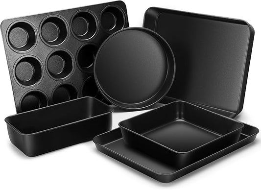 E-far 6-Piece Bakeware Sets, Nonstick Stainless Steel Baking Pans Set - 8x8 Square/Round Cake Pan/Muffin/Loaf Pan/Roasting Tray/Cookie Sheet - for Kitchen Oven Cooking Lasagna Brownie Casserole, Black