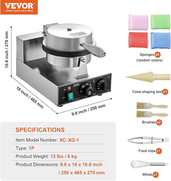VEVOR Electric Ice Cream Cone Maker, Commercial 1230W Waffle Cone Machine, Non-Stick Stainless Steel Egg Roll Mold, with Temperature and Time Control, Handle, for Restaurant Bakery Snack Bar Family