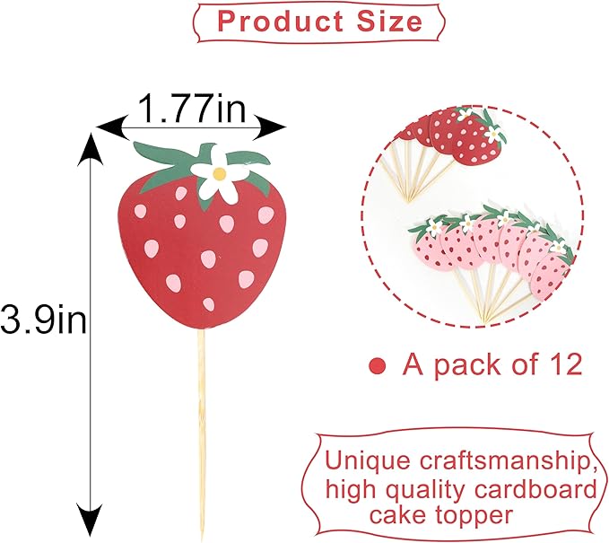 Strawberry Birthday Cupcake Toppers - Strawberry Berry One 1st Birthday Cake Topper,Fruit Themed 1st Party Decorations.Sweet One Cupcake Toppers (Strawberry cake topper)