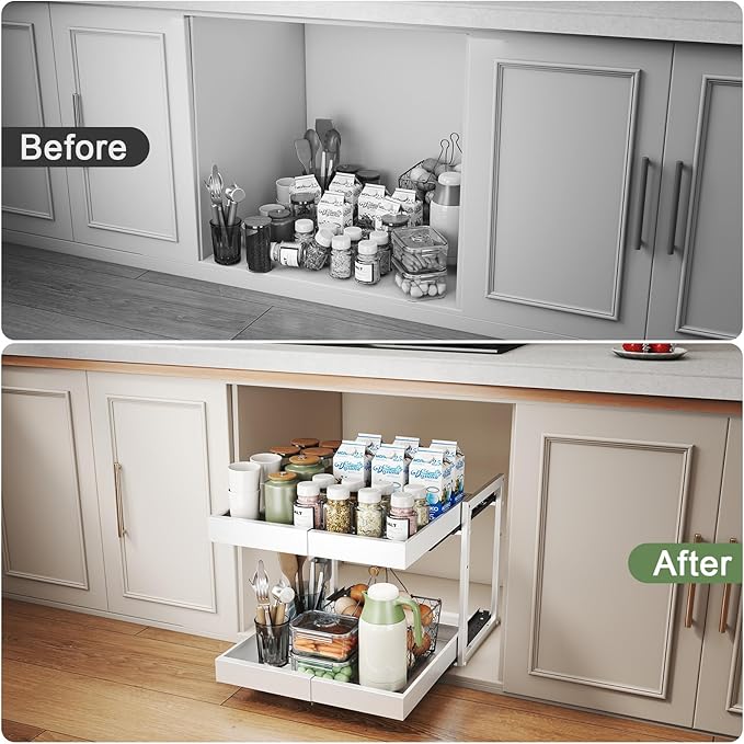 2 Tier Pull Out Cabinet Organizer ,Adjustable Width & Height,Expandable Pull-Out Drawers For Cabinets, Slide Out Shelves for Kitchen Cabinets / Countertop / Pantry,Heavy-Duty & Easy to Install(White)