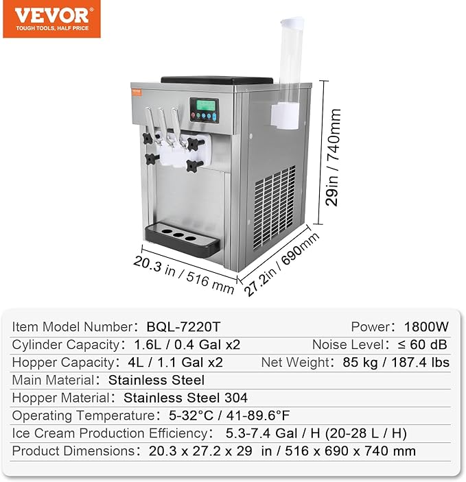 VEVOR Commercial Ice Cream Machine, 21 QT/H Yield, 1800W 3-Flavor Countertop Soft Serve Ice Cream Maker, 2 x 4L Hopper 2 x 1.8L Cylinder, LCD Panel Auto Clean Pre-cooling, for Restaurant Snack Bar