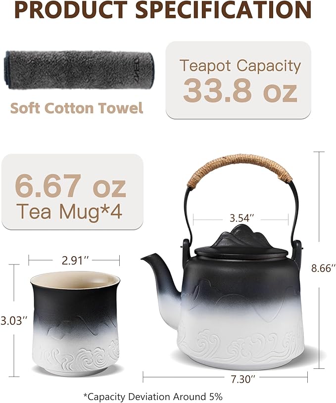 ZENS Vintage Japanese Tea Set, 33.8 oz Gradient Embossed Ceramic Japanese Teapot with Built-in Strainer for Tea Steeper, Hemp Rope Handle Loose Leaf Tea Pot with 4 Cups for Tea Party, Black & White