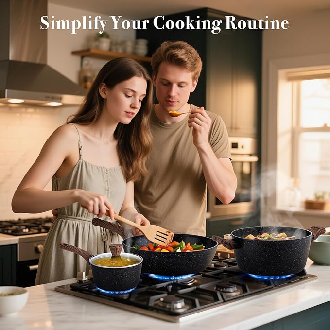 PekGema 14 Pcs Ceramic Cookware Sets, Pots and Pans Set Nonstick, Non Toxic Healthy Non stick Kitchen Cooking Set, Induction Cookware with Frying Pan Set, PFAS PTFE PFOA FREE, Black