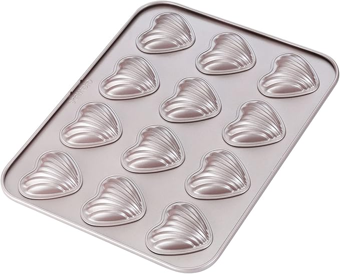 CHEFMADE Madeleine Mold Cake Pan, 12-Cavity Non-Stick Heart-shaped Shello Madeline Bakeware for Oven Baking (Champagne Gold)