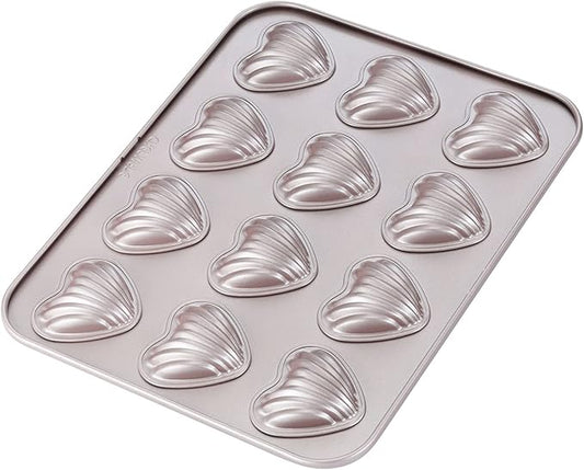 CHEFMADE Madeleine Mold Cake Pan, 12-Cavity Non-Stick Heart-shaped Shello Madeline Bakeware for Oven Baking (Champagne Gold)