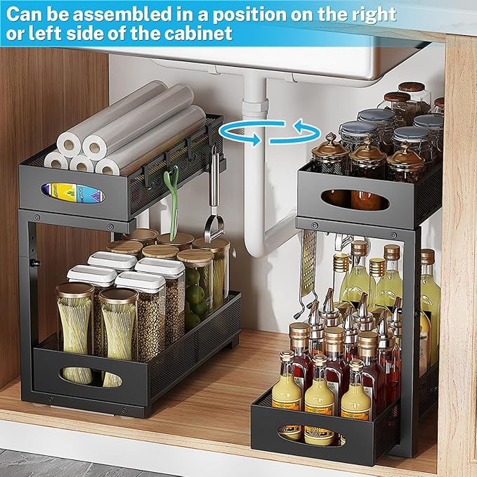 2-Tier Under Sink Organizer with Pull-Out Mesh Drawers, Adjustable Height Cabinet Storage for Kitchen/Bathroom/Laundry, Space-Saving Sliding Shelves (Black)