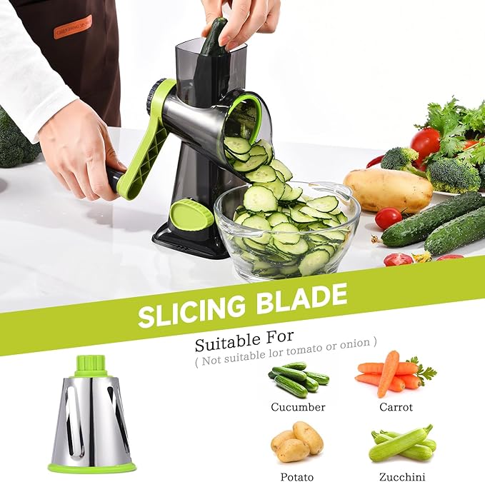 Rotary Cheese Grater Hand Crank Cheese Shredder Vegetable Mandoline Slicer for Kitchen 3 in 1 Changeable Blades for Cheese Potato Nuts Chocolate Ice (Green TSP)
