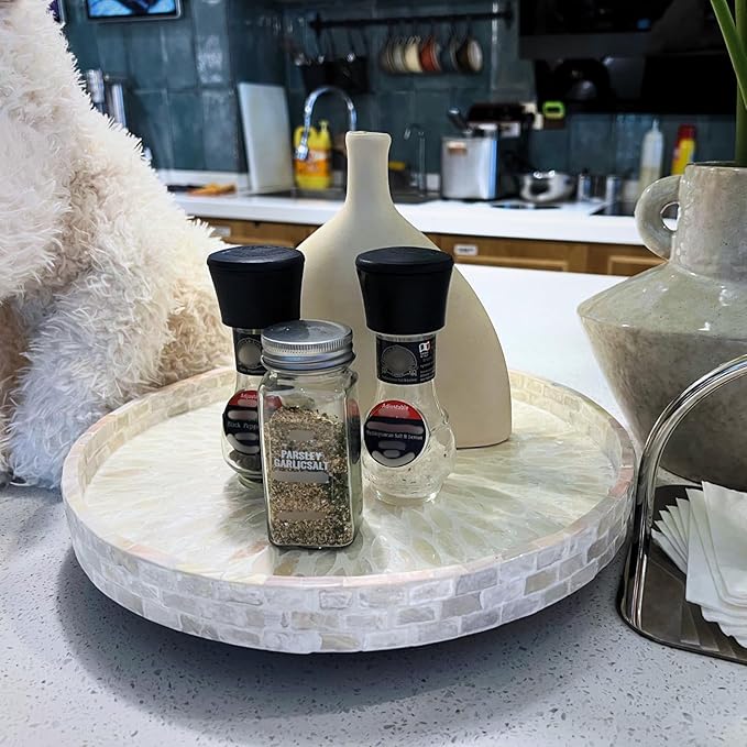 12.5" Lazy Susan for Table Top – Mother of Pearl Spinning Turntable Serving Tray, Marble Lazy Susan Organizer for Dining Table Centerpiece, Kitchen Island Decor, Bathroom Counter, Outdoor Use (White)