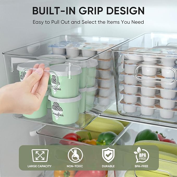BALEINE Clear Plastic Storage Bins, Pantry Organization, BPA Free Stackable Refrigerator Organizers and Storage with Handles for Kitchen Fridge Cabinet Bathroom (6PK, 9.5x5.5x4.5)