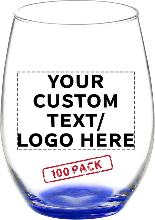 DISCOUNT PROMOS 100 ARC Stemless Wine Glasses Set, 21 oz. - Customizable Text, Logo - Chardonnay, Cabernet, Merlot, Sauvignon - Blue