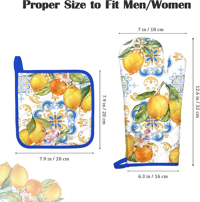 Summer Lemon Oven Mitts and Pot Holders Sets 4Pcs, 100% Cotton Heat Resistant, Extra Long Oven Gloves Potholder for Kitchen Cooking Baking Decoration