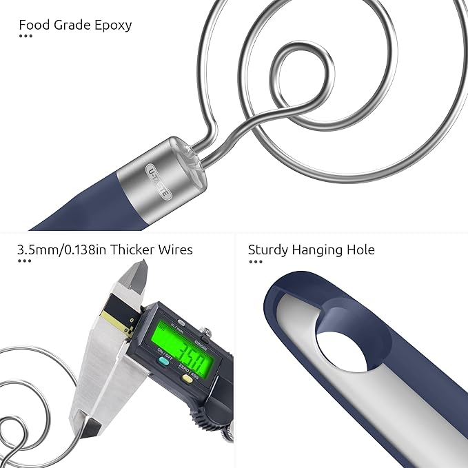 U-Taste 12.6" Danish Dough Whisk: 18/8 Stainless Steel Heavy-Duty Sourdough Mixer Tool, Food Grade Dutch Style Seamless Bread Wisk, Sturdy for Mixing, Stirring, Kneading Thick Batter (Midnight Blue)