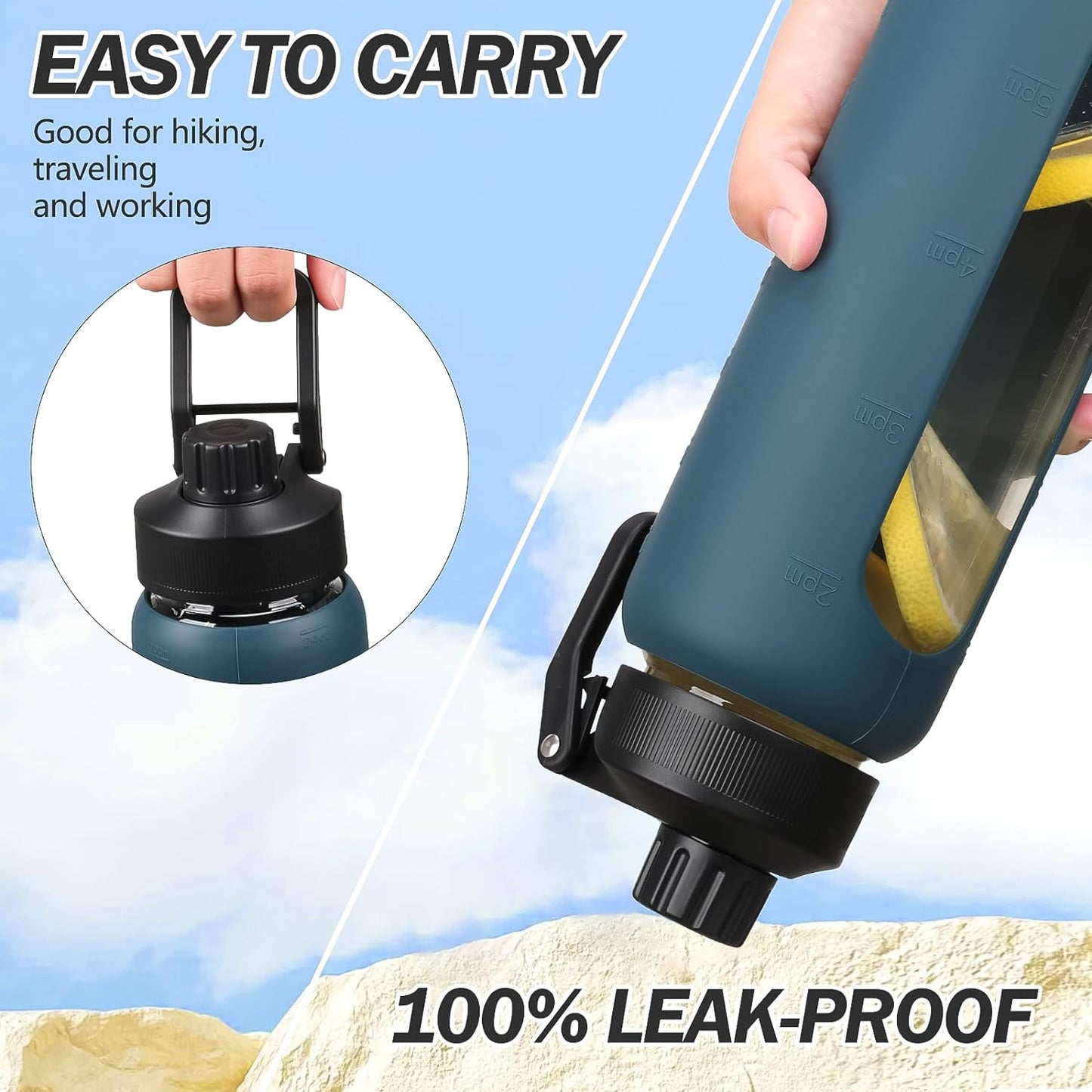 32oz Glass Water Bottle with Straw and 2 Lids- Bamboo Straw and Spout Lid with Phone Holder for Gym, Glass Drinking Bottles with Silicone Sleeve and Motivational Time Marker, Dark Blue