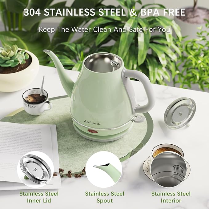 Electric Gooseneck Kettle, 1L 1500WFast Boil, 100% Stainless Steel BPA Free Pour-Over Coffee & Tea Kettle,Water Boiler with Auto Shut & Boil-Dry Protectio,Green