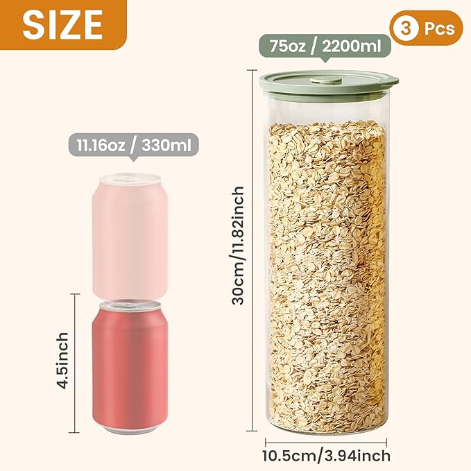 Glass Food Storage Jars with Lids[Set of 3], Perfect for Pasta, Cookies, Nuts, Coffee, Cereal, Flour, and More, Organize Your Kitchen with these BPA-Free Glass Jars with Silicone Lids