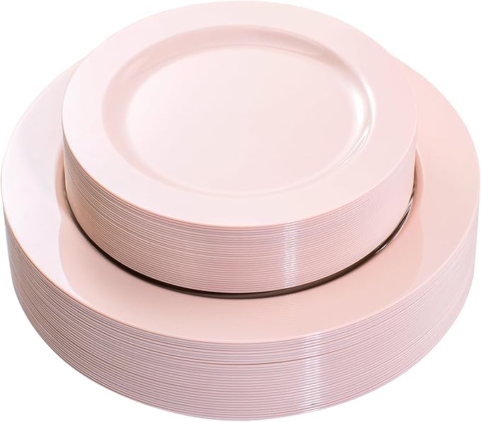 FLOWERCAT 60PCS Pink Plastic Plates - Heavy Duty Pink Plates Disposable for Party/Mother's Day/Wedding - serving 30 guests Include 30PCS 10.25inch & 30PCS 7.5inch