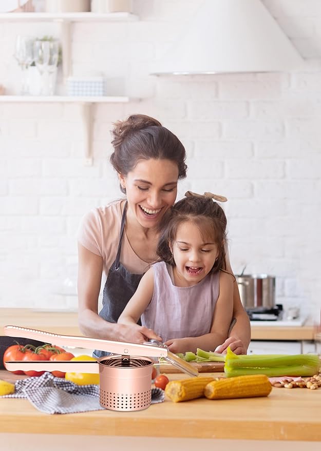 Large 15oz Potato Ricer Masher, Heavy Duty Stainless Steel Potato Masher with Ergonomic Handle, Masher and Ricer Kitchen Tool for Mashed Potatoes, Noodle Maker, Rose Gold