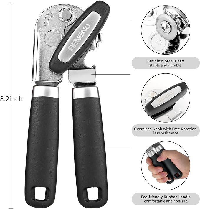 Beneno Can Opener Manual with Magnet, Hand Held Heavy Duty Can Opener with Durable Sharp Blade Smooth Edge, Big Effort-Saving Knob, Soft Grip Rubber Handle, Multifunctional Bottle Opener, Black
