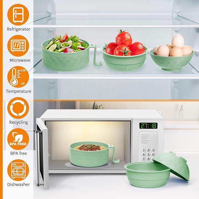 Ramen Cooker,32oz Ramen Bowl Set,Microwave Ramen Bowl, Microwave Bowl with Lid, Portable Noodle Bowls,for Home Office Dorm Room College gift (Green)