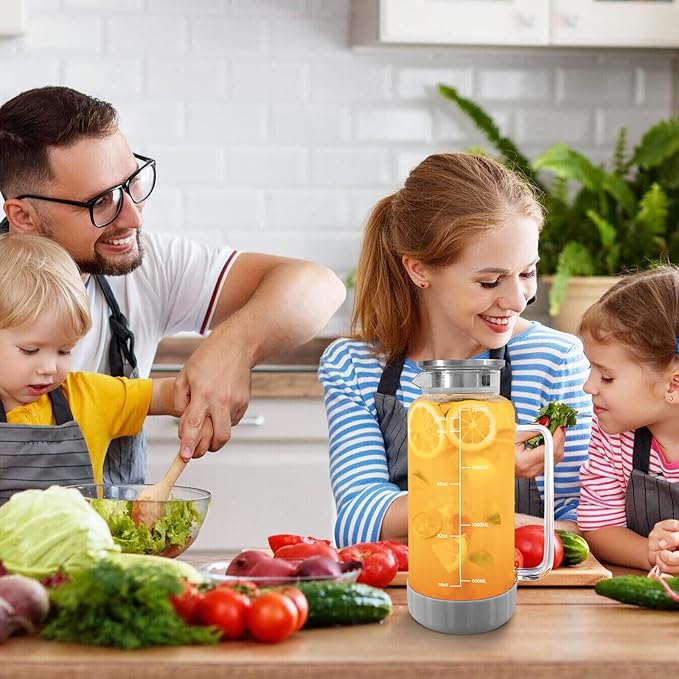 Aofmee 68oz Glass Pitcher with Lid, 2 Liter Water Carafe with Silicone Base and Precise Scale Line, Ice Tea Pitcher for Fridge, Anti-Slip Glass Jug for Sun Tea Juice Coffee Milk Beverage (Gray)