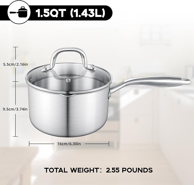 Leetaltree 1.5 Quart Stainless Steel Saucepan with Glass Strainer Lid, Thicken Tri-ply Ful Body, Multipurpose Sauce Pot with Two-Size Drainage Holes Lid, Perfect For Boiling Gravies, Pasta, Noodles