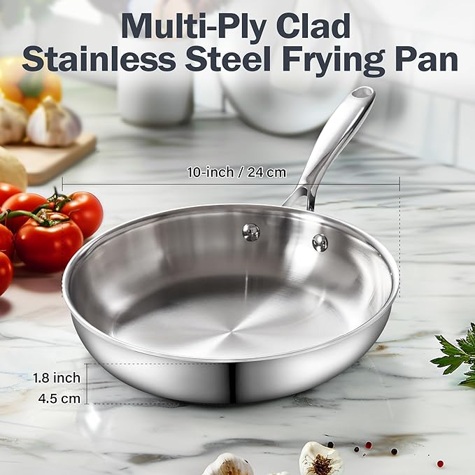 Cooks Standard Frying Pan Stainless Steel, 10-Inch Multi-Ply Clad wok Stir Fry Pan Kitchen Skillet, Silver