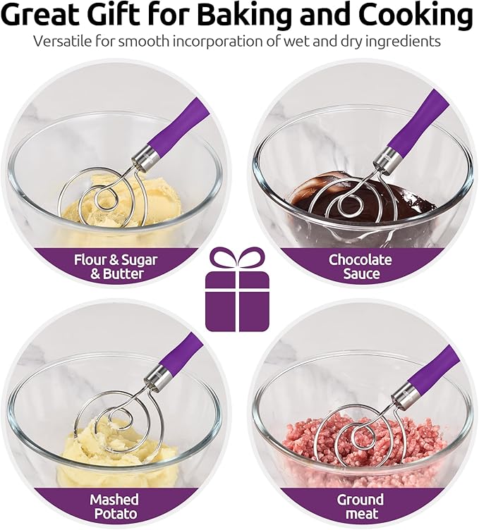 U-Taste 12.6in Danish Dough Whisk: 18/8 Stainless Steel Heavy-Duty Sourdough Mixer Tool, Food Grade Dutch Style Seamless Bread Wisk, Sturdy for Mixing, Stirring, Kneading Thick Batter (Purple)