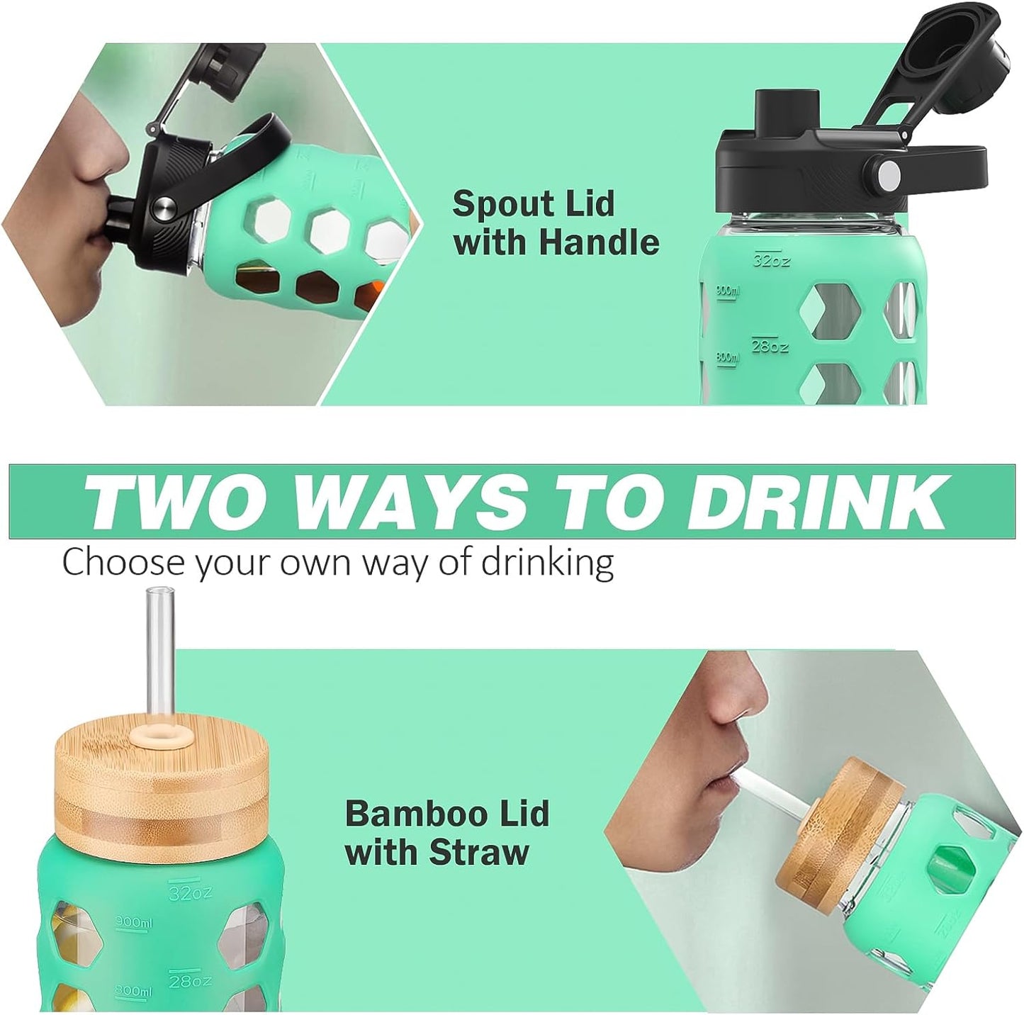 MUKOKO Glass Water Bottles, 32oz Glass Tumbler with Straw, Drinking Bottles with 2 Lids-Handle Spout Lid&Bamboo Straw Lid, Motivational Water Bottle with Time Marker and Silicone Sleeve, 1 Pack-Green