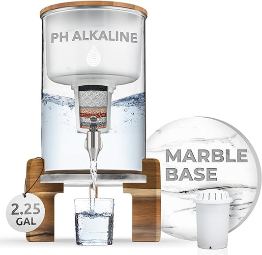 Invigorated Water pH Recharge Alkaline Water Filter Dispenser – BPA-Free Glass Countertop Water Filter Pitcher Purifier for Home & Office, 36-Cup Capacity, 360L Long Filter Life (Acacia/Marble)