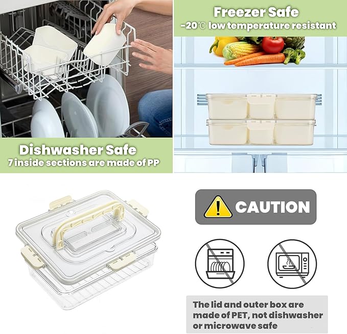 Divided Serving Tray with Lid and Handle, Snackle Box Container Portable Snack Platters with 7 Compartments & Forks, Ice Chilled Organizer for Fruits, Veggies, Salad, Perfect for Entertaining,Picnic