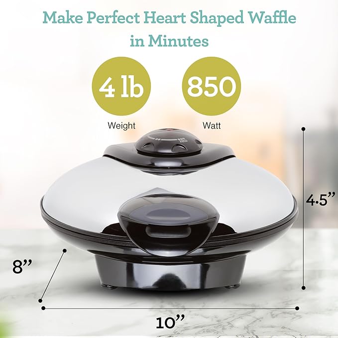Euro Cuisine WM520 Heart Shaped Iron Waffle Maker - Eco-Friendly PTFE and PFOA Free Non Stick Plates, Perfect for V-Day & Special Occasions, 8-Inch