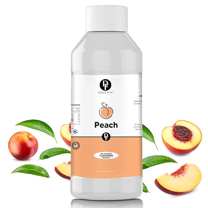 Dolce Flav Peach Extract (Oil-Soluble) 8 oz – Kosher, Sugar-Free, Concentrated Juicy Peach Flavoring for Baking, Chocolates & Desserts, Includes Measured Dropper