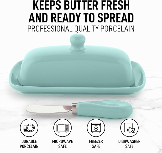 Zulay Butter Dish With Lid For Countertop - Porcelain White, Ceramic Butter Dish with Knob Handle Great for Cooking - Elegant Design Butter Holder - Durable & Sturdy Butter Keeper - Mint