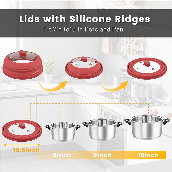 Microwave Splatter Cover, Vented Silicone and Glass Cover Splatter Guard Lid, Food Collapsible Plate Cover Lid with Easy Grip Handle. (Red, 10.8 inch)