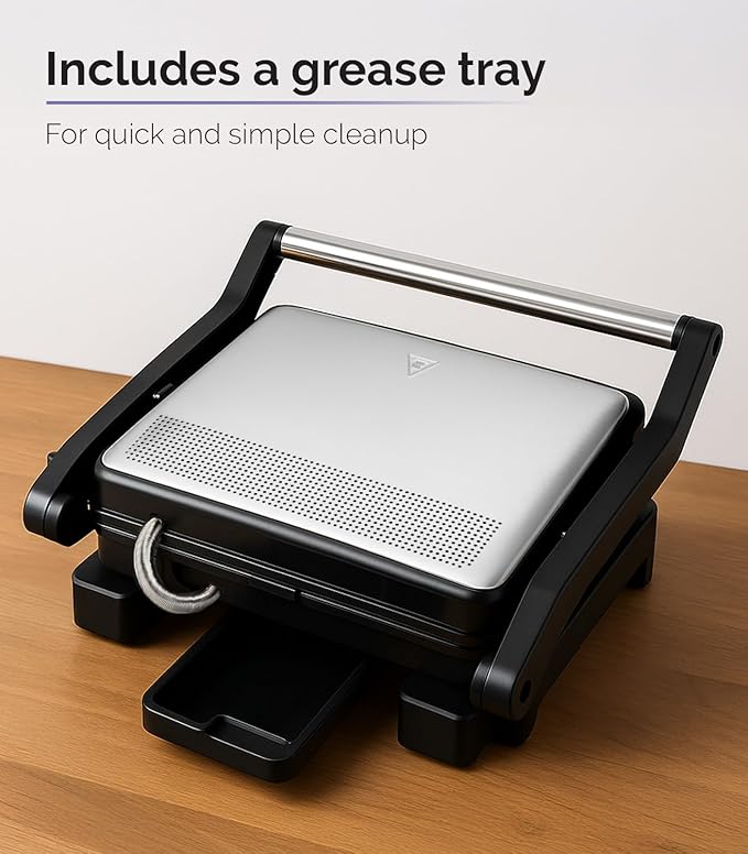MOI Panini Press Grill & Sandwich Maker - 180° Dual-Plate Stainless Steel Grill Press for Paninis, Grilled Cheese, Burgers, Quesadillas, Breakfast, and More - 11 x 9 Inch Panini Maker with Drip Tray