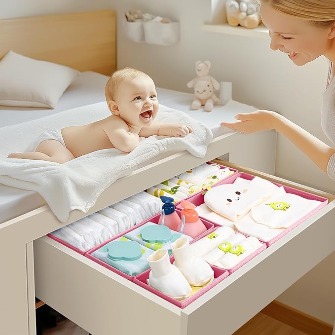 Drawer Organizer Clothes - 18 Pack Dresser Organizer for Nursery, Foldable Sock Underwear Organizer, Baby Drawer Organizer, Small Fabric Storage Bins for Dresser Drawer, Pink