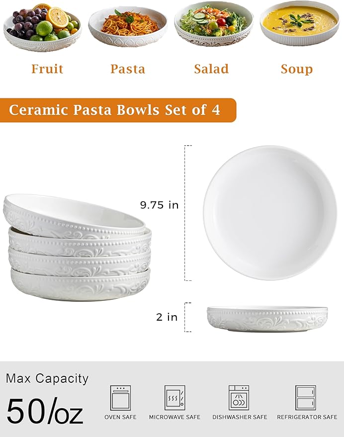YHOSSEUN 9.75" Pasta Bowls Set of 4, 50 OZ Large Salad Bowl Pasta Plates, Ceramic Serving Bowl Plate White Soup Bowls, Embossed Morning Glory
