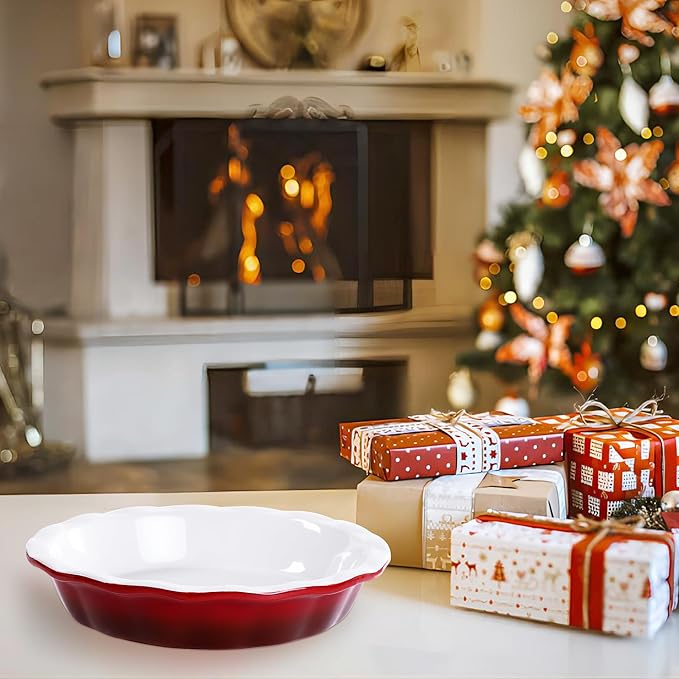 Lareina Pie Pans for Baking, Ceramic 9 Inch Deep Pie Dish with Rippled Edge for Apple Pie, Pecan Pie, Colorful and Durable Pie Plate, Christmas Gifts for Women, Set of 2, Red