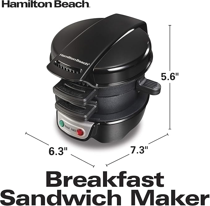 Hamilton Beach Breakfast Sandwich Maker with Egg Cooker Ring, Customize Ingredients, Perfect for English Muffins, Croissants, Mini Waffles, Perfect White Elephant Gifts, Black (25477)