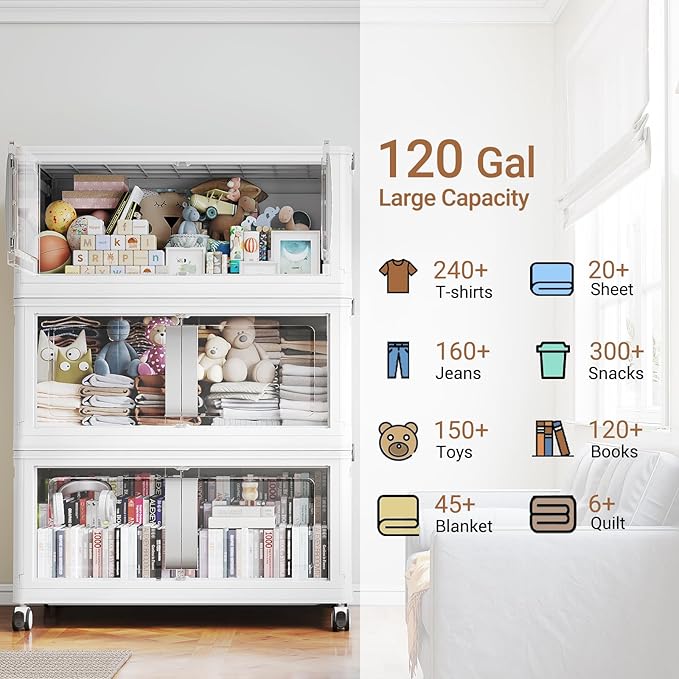 480QT Stackable Storage Bins with Lids, 120Gal Extra Large Collapsible Storage Box with Wheel, Plastic Storages with Clear Door Open Front for Home Bedroom Garage, White-3pack(3 lids)